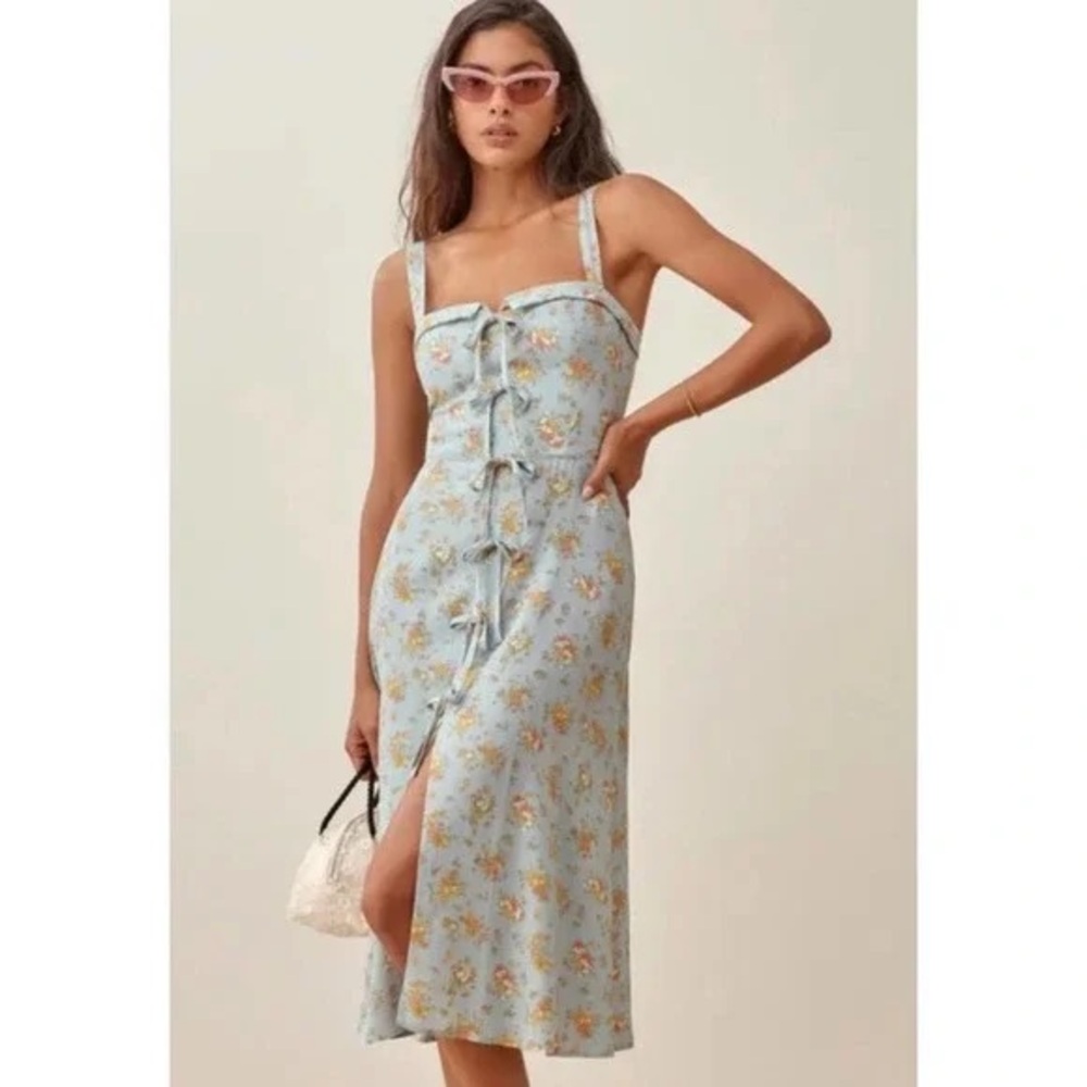 Reformation Light Blue Floral Eddie Midi Dress